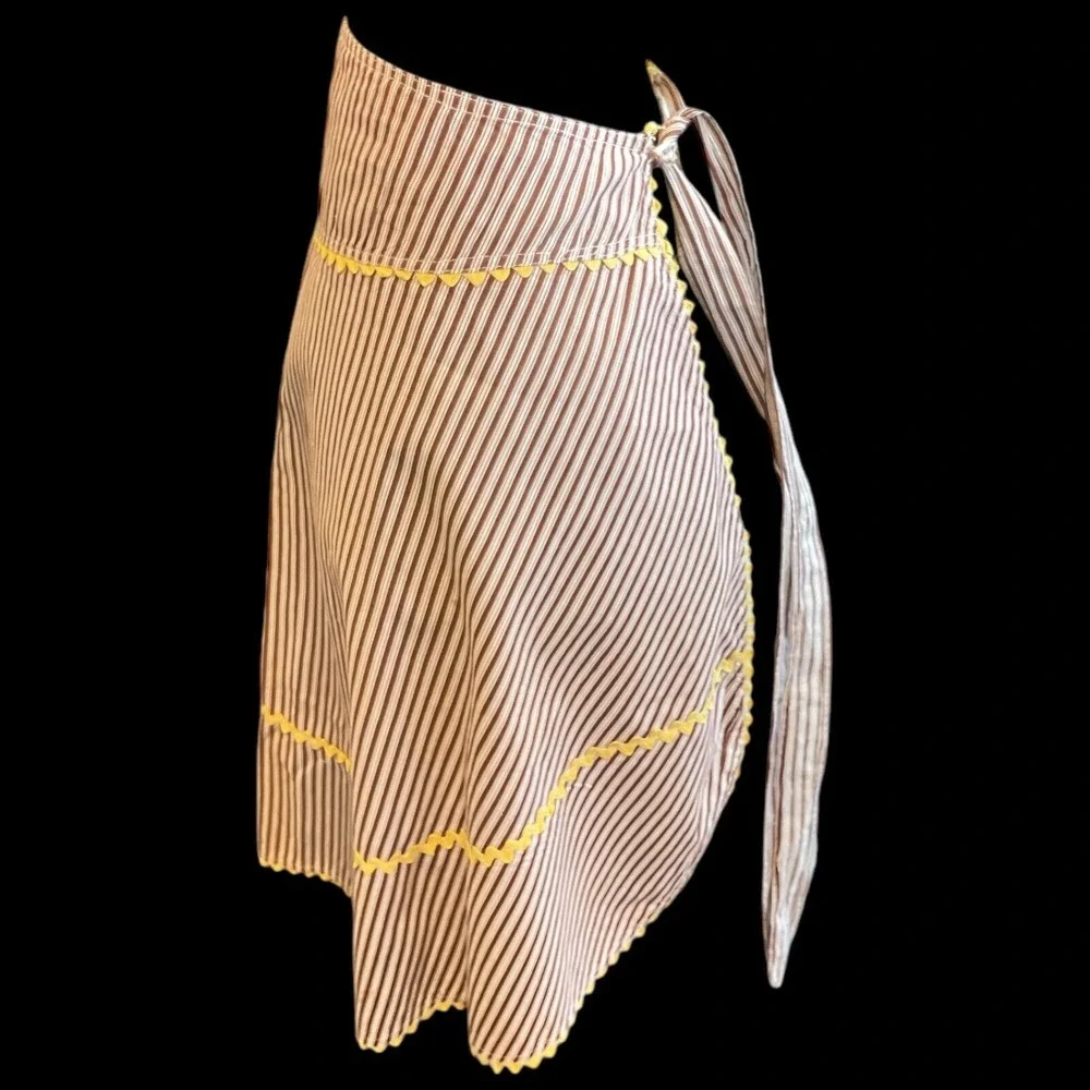 Vintage Apron Handmade Pocket Brown Candy‎ Stripe Yellow Rick Rack